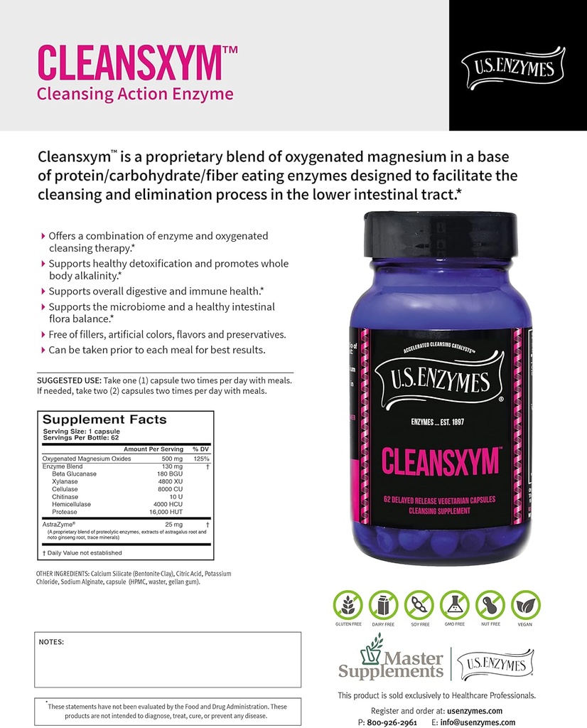 미국 효소 CLEANSXYM 62 채식 캡슐. 청소 보충교재.