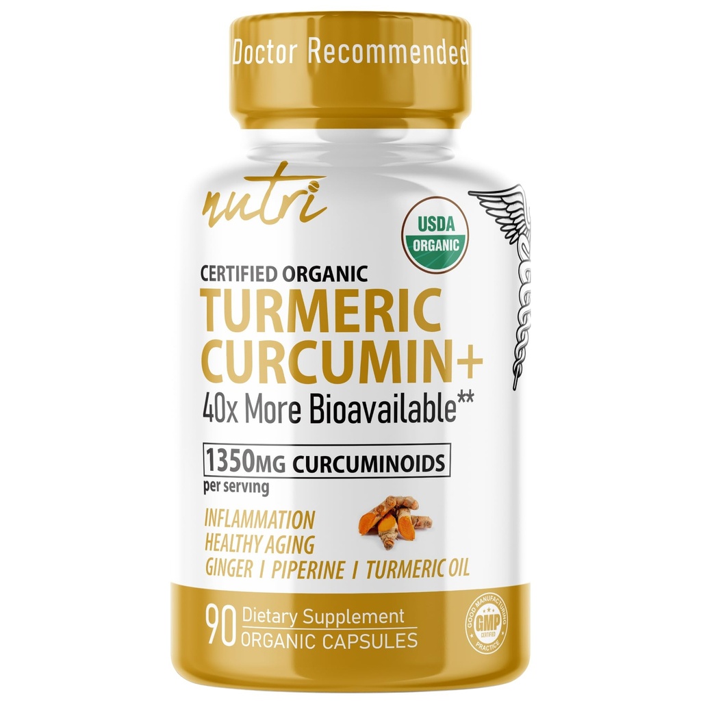 Nature's Fusions Nutri Organic Turmeric Supplement 1425mg - 40x More Bioavailable - 95 % Curcuminoids - 검은 후추, 생강 및 심황 오일이있는 Turmeric Curcumin - 보충