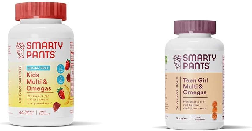 SmartyPants Kids Multivitamin Gummies, 설탕 무료 : 오메가 3 (ALA) & 십대 소녀 Multivitamin Gummies : 오메가 3 생선 기름 (EPA / DHA)