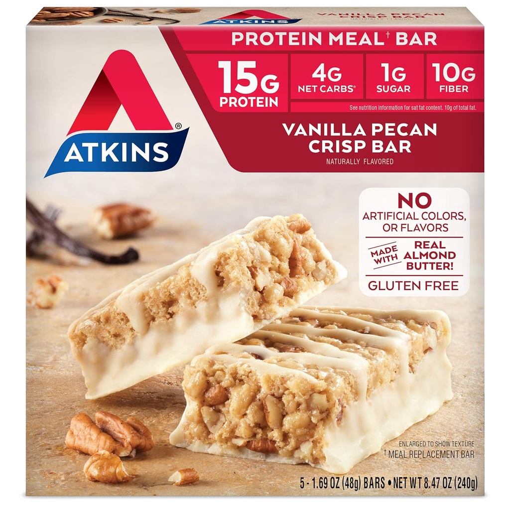 Atkins Vanilla Pecan Crisp Protein Meal Bar, 높은 섬유, 1g Sugar, 4g Net Carb Meal Replacement, Keto Friendly, 5 카운트