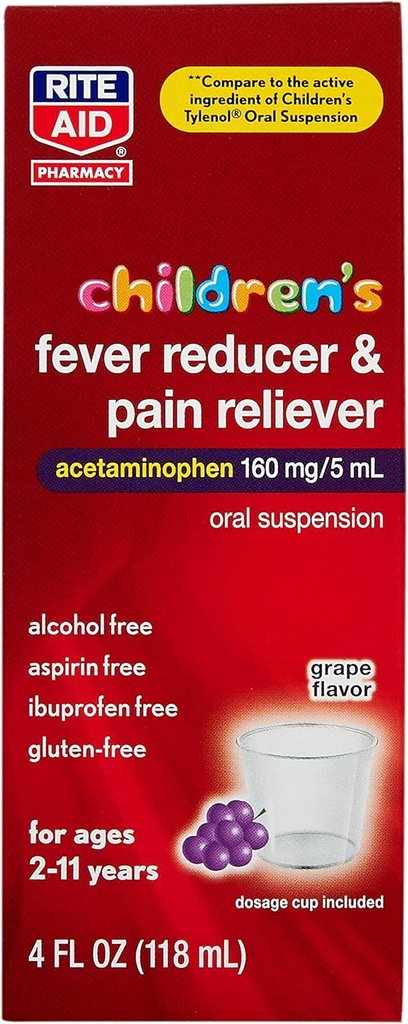 Rite Aid Children's Acetaminophen, 포도 맛, 160 mg - 4 fl oz | Pain Reliever and Fever Reducer | Kids Cold Medicine | 나이 2-11 세|어린이 Fever Reducer | Kids Pain Reliever