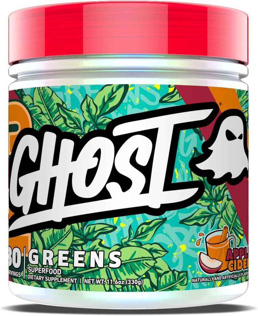 GHOST Greens Powder, Apple Cider - 30 서빙 - 19 Superfood Greens & Reds Powder, 과일, 야채, Spirulina, & Chlorella, Prebiotics, 10 억 CFU Probiotic & Digestive Enzymes - 글루텐 프리