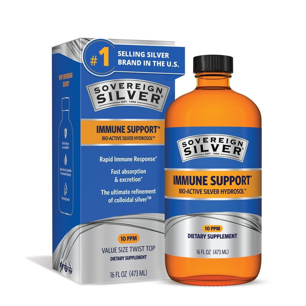 Sovereign 실버 면역 지원 - 콜로이드 실버, 바이오 활성 실버 하이드로 솔, 10 ppm, 액체 트위스트 탑, 16 Fl Oz, (473 mL)