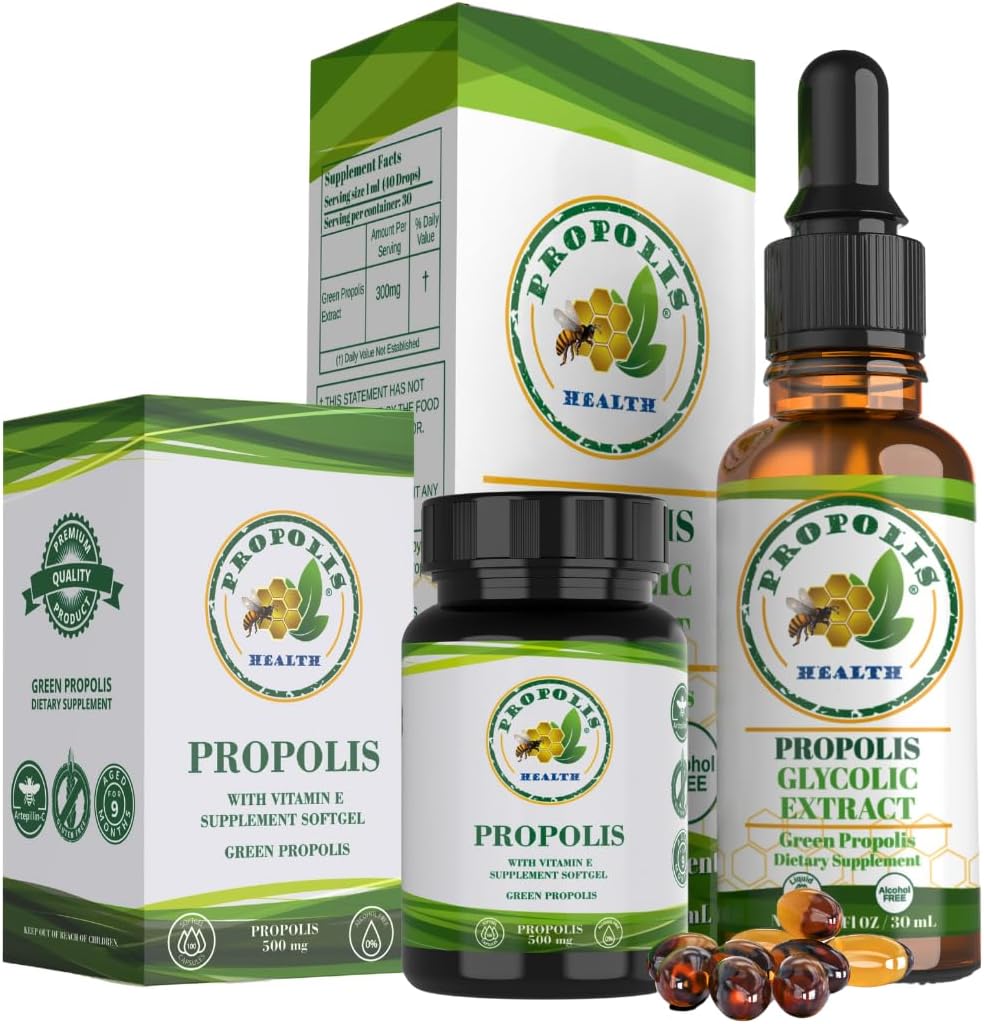 Propolis 건강 프리미엄 브라질 그린 프로 폴리스 번들 : 비타민 E 및 녹색 프로 폴리스 추출물 액체가있는 1000mg 캡슐 - 50 일 캡슐 & 30 일 면역 지원을위한 액체 공급
