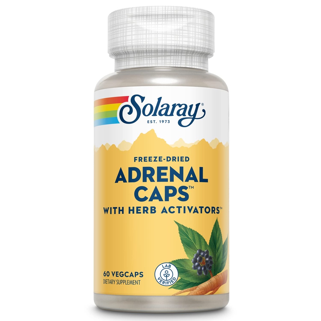 SOLARAY Adrenal Caps, Freeze-Dried - 허브 활성제 Eleuthero, Gotu Kola, Licorice 및 Clove와 웰빙 지원 Adrenal 칵테일 - 검증 된 실험실, 60 일 보증 - 30 서빙, 60 VegCaps