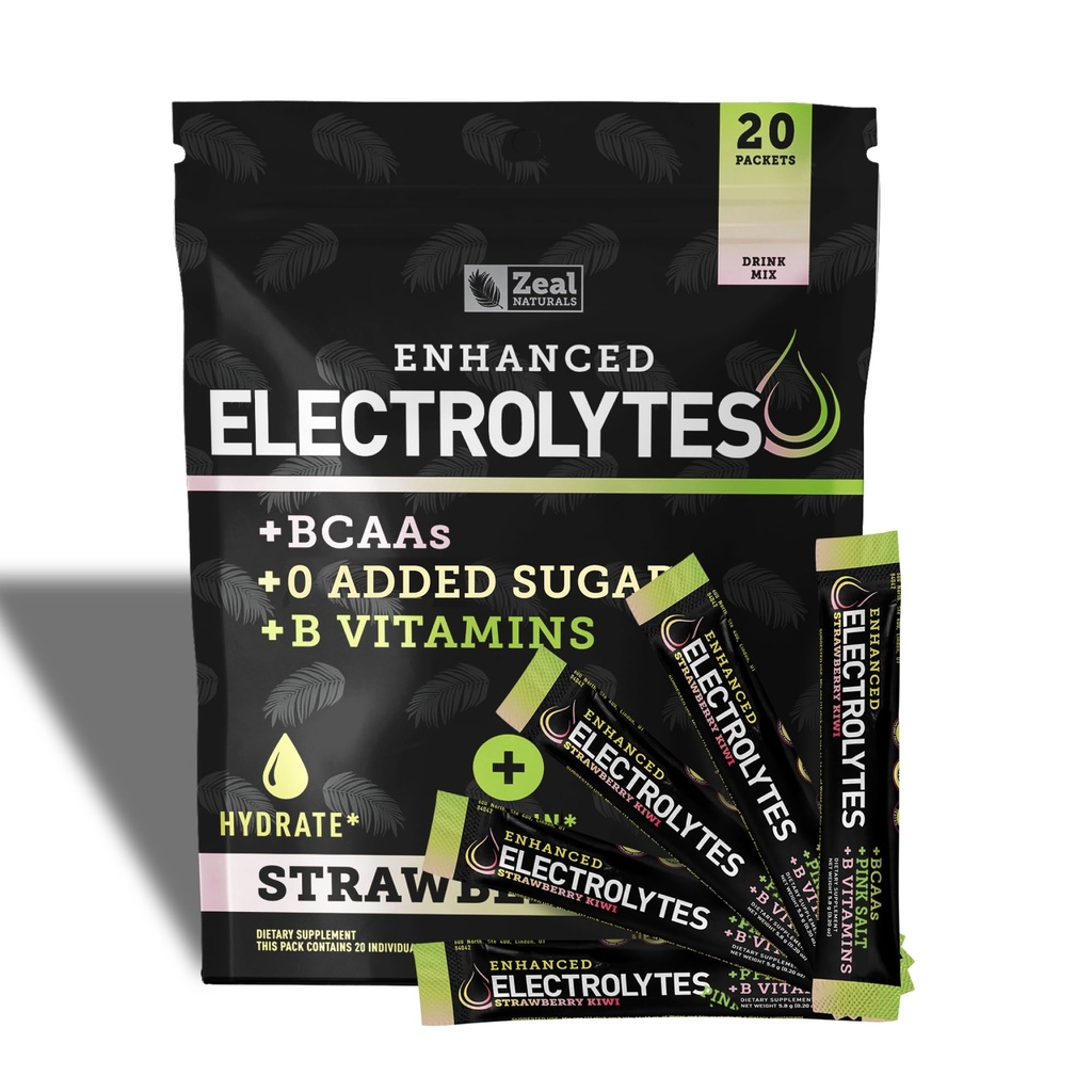 강화 된 전해질 분말 스틱 팩 (Strawberry Kiwi | 20 Packets) w / 0 Sugar +BCAAs +B-Vitamins Electrolyte Supplement w 칼륨 아연 및 마그네슘 하이드로 션 - Keto Electrolytes