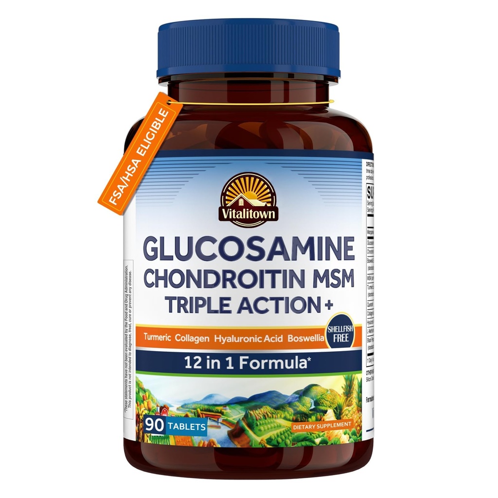 Vitalitown Glucosamine Chondroitin MSM | Collagen, Boswellia, Turmeric, Hyaluronic Acid, Bromelain | Triple Action+ Formula | 12 성분 | 90 정제, 쉘어 없음