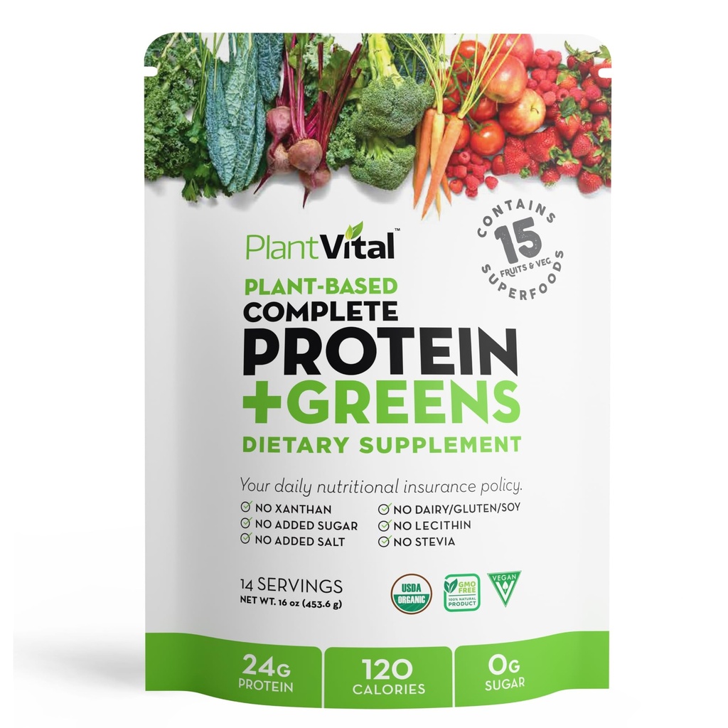 Plantvital Unflavored Organic Vegan Protein Powder - 15 Superfoods, Veggies 및 Probiotics - 유기농 식물 기반 단백질 분말 - 모든 BCAA의, 글루텐 무료 - 16oz -1 파우치