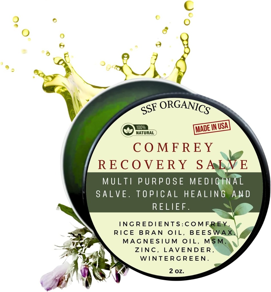 SSF 유기 Comfrey 회복 살베. Bones, 근육, 합동, 무릎, 피부, 팽윤 & 문신 배려를 위한 유기 초본 발기. 수공, 느린 주입. 화학 충전물 없음. 2개 oz
