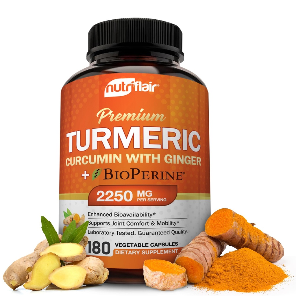 Ginger와 BioPerine 까만 고추 보충교재, 180의 캡슐을 가진 NutriFlair Turmeric Curcumin - 95% Curcuminoids - 합동 지원, 산화 방지제, 노화 방지 - 자연적인, 비 GMO, Vegan 제일 최대 힘