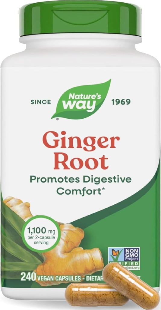 Nature's Way Ginger Root Capsules 550 mg per capsule, Digestive Comfort* Reduces Motion-Related Nausea*, 1,100 mg per 2 캡슐, Non-GMO Project Verified, Vegan, 240 Count (패키지 May Vary)