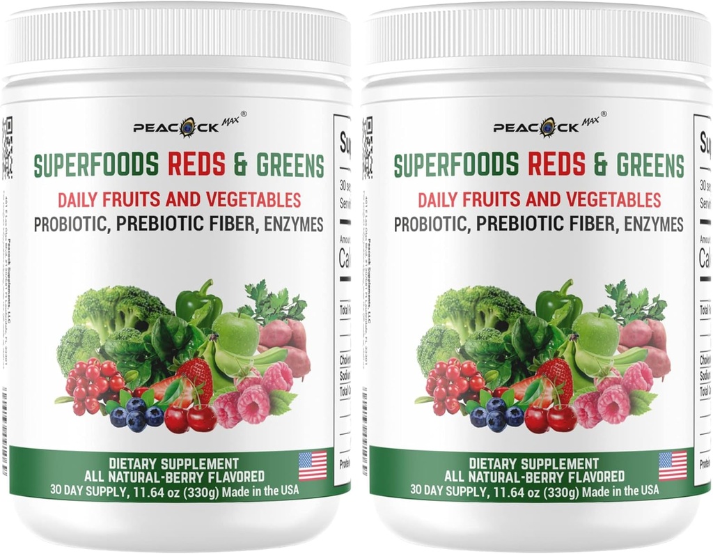 Superfood Reds & Greens Powder - 11.64 oz (Pack of 2), 소화 건강을위한 Prebiotics & Probiotics, Ashwagandha, Antioxidants, Vegan, Non-GMO와 슈퍼 그린 파우더