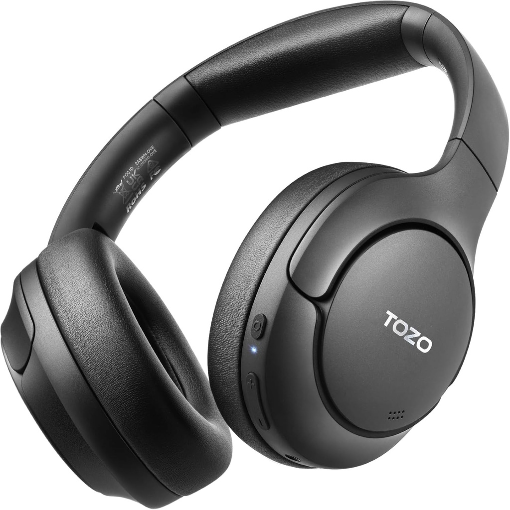 TOZO HT2 잡종 능동 소음 차단 헤드폰, 무선 귀 Bluetooth 헤드폰, 60H 재생 시간, APP Deep Bass Comfort Fit Ear Cup을 통해 오디오 사용자 정의 EQ, 홈 오피스 여행 블랙