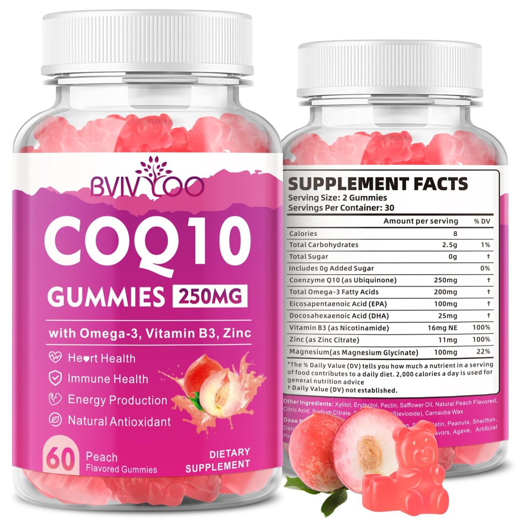 설탕 자유로운 CoQ10 Gummies 250mg, 플러스 Omega-3, 비타민 B3 & 아연, 마그네슘 - 심장 건강을 위한 높은 흡수 Coenzyme Q10 보충교재, 세포 에너지, & 산화 방지제 지원, 60 조사