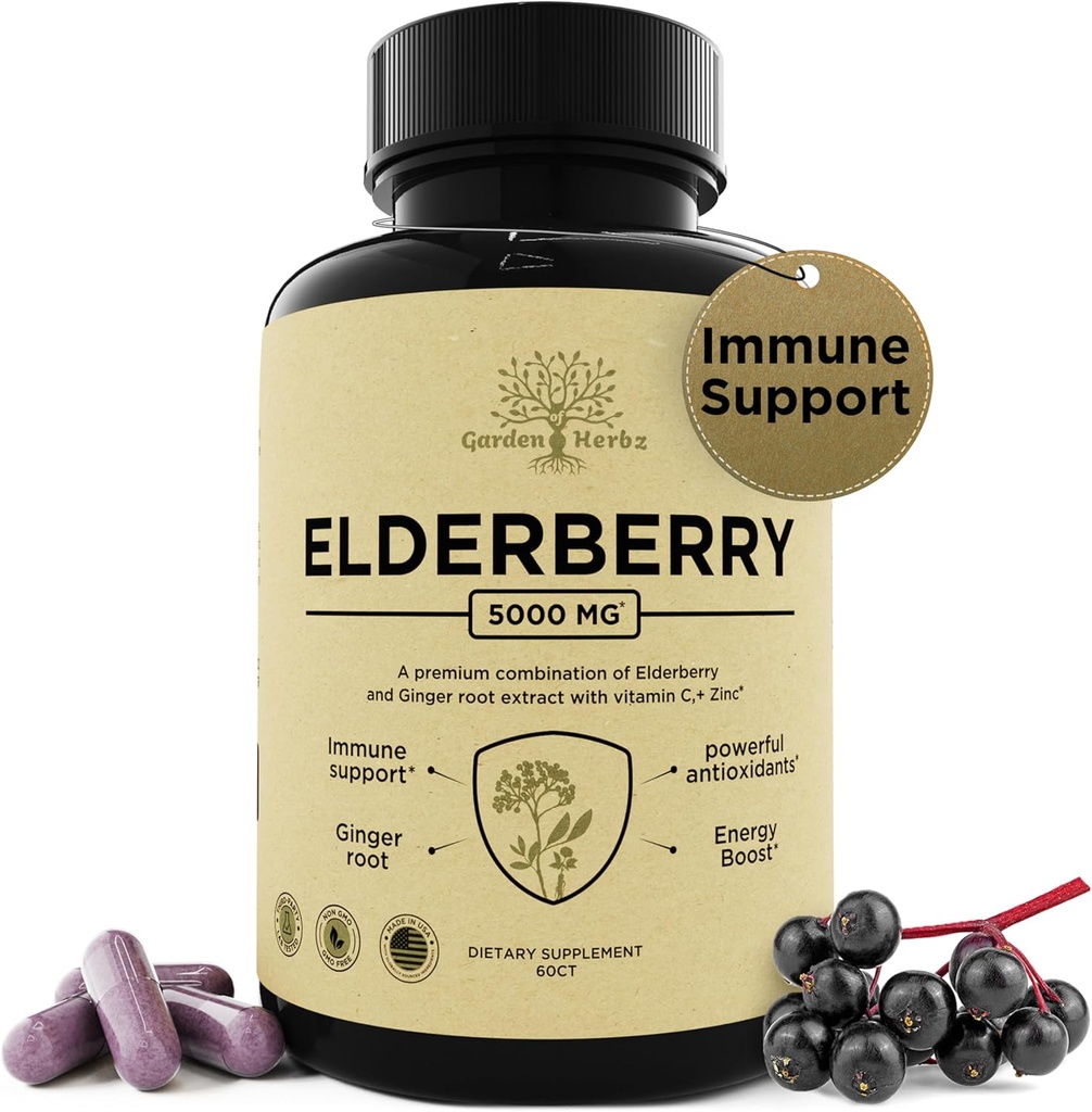 비타민 C, 아연 및 생강 - 유력한 면역 부스터 5000 Mg Elderberry, 아연, & 비타민 C - 성인을위한 비 GMO 면역 비타민 Vibrant, 60 모자를 느낄 수 있습니다.