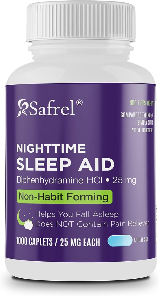 Safrel Nighttime Sleep Aid, Diphenhydramine HCl 25mg | 남자와 여자를위한 강한 비 힙 모양 휴식 자 지원 | 가을 잠 잠 잠그개 & Wake up Refreshed (1000 Count), 1000, Count)
