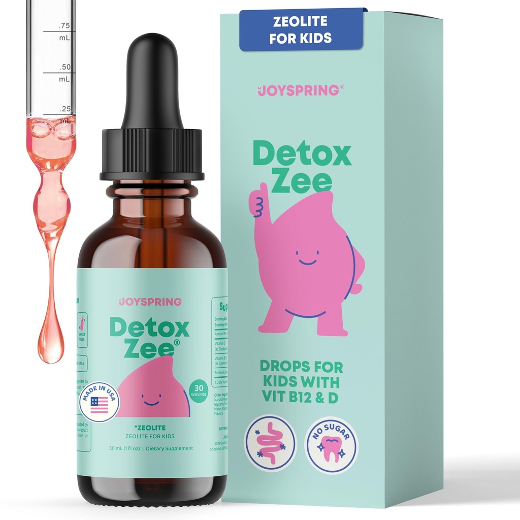JoySpring DetoxZee Zeolite Drops for Kids – 비타민 D3 및 Cyanocobalamin 비타민 B12와 Clinoptilolite – 천연 베리 맛 액체 | 30 서빙