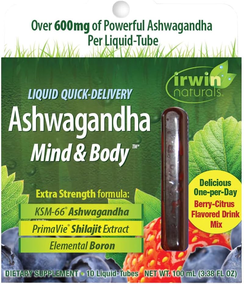 Irwin Naturals Liquid Quick-Delivery Ashwagandha Mind & Body - 10 Liquid-Tubes - 부스트 물리 및 정신 성능 - 원 퍼-데이 베리 - 크리스탈 맛 음료 혼합