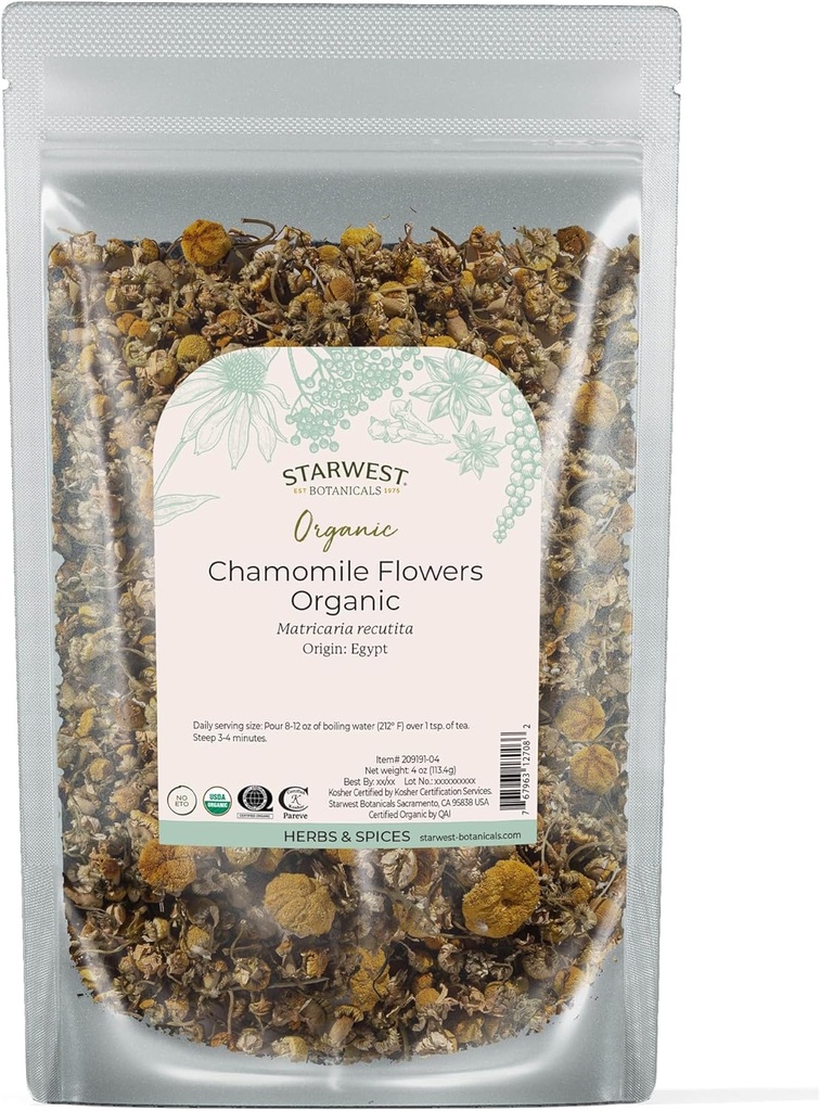 Starwest Botanicals Organic Chamomile Flowers Whole - 차, 허브 로션, 및 베이킹을위한 느슨한 잎 허브, 이집트의 소스, 공인 Kosher, Non-GMO - 4 온스 파우치