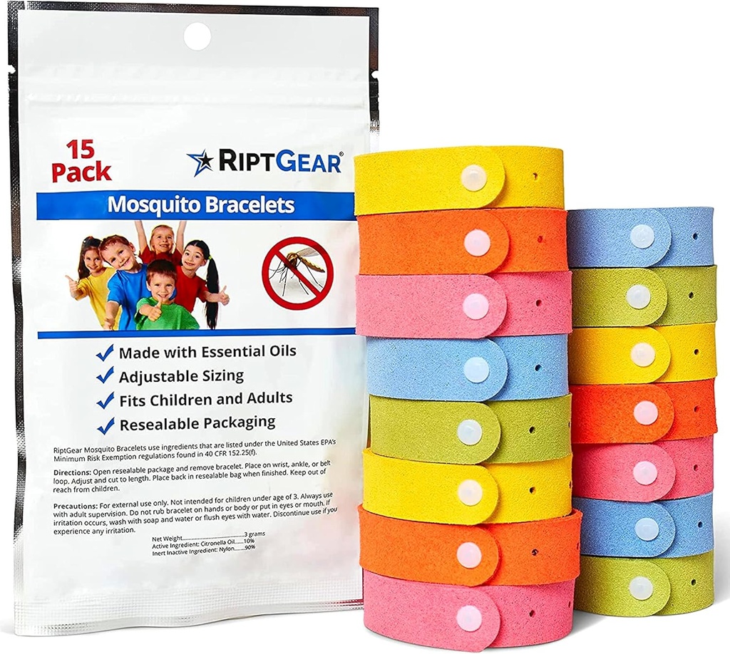 RiptGear Mosquito 팔찌 - 아이와 성인, 곤충 팔찌, Citronella 팔찌에 대한 모기 팔찌의 15 팩 - DEET 무료 모기 팔찌, 캠핑 액세서리