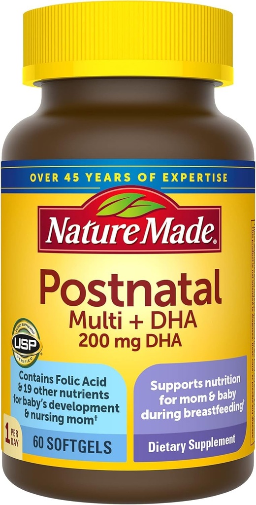 Nature Made Postnatal Multivitamin + DHA 200 mg, 60 Softgels, Breastfeeding, Postnatal Vitamin & Nutrients는 철, 비타민 D3, 칼슘, 이오딘을 포함