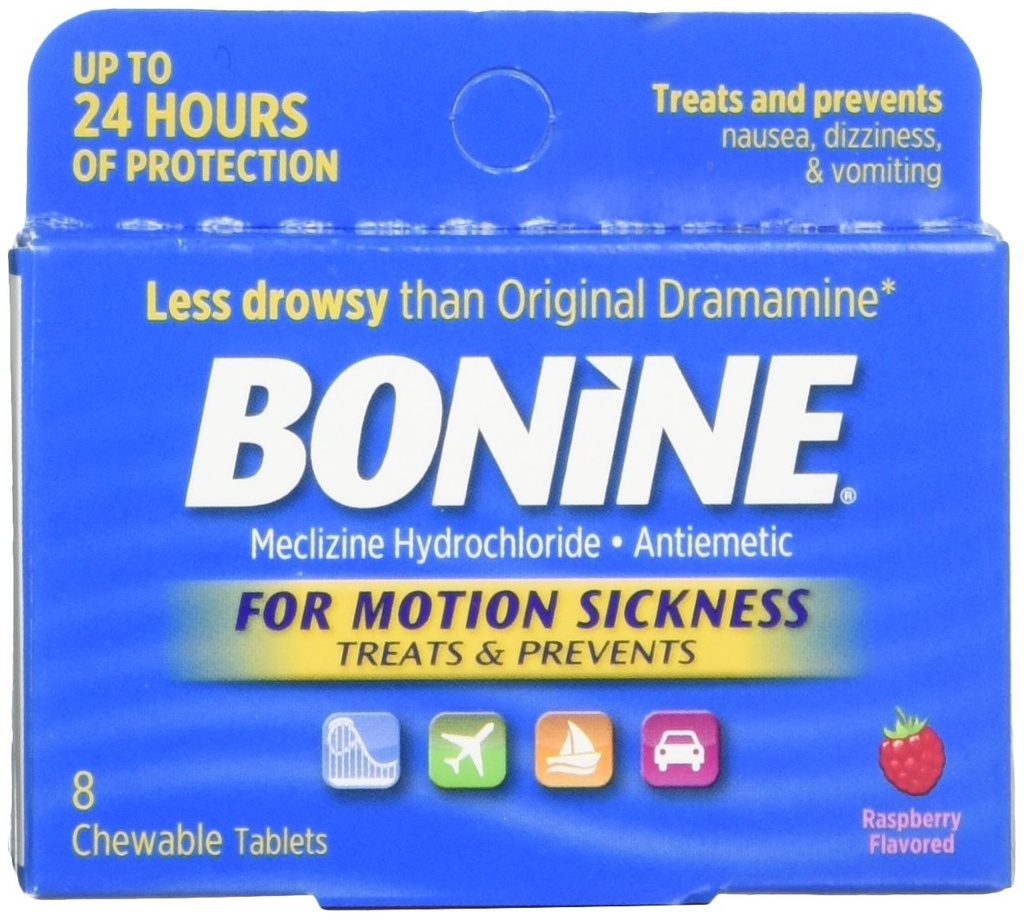 모션 Sickness Chewable 정제, 라즈베리 맛, 8 각각 Bonine