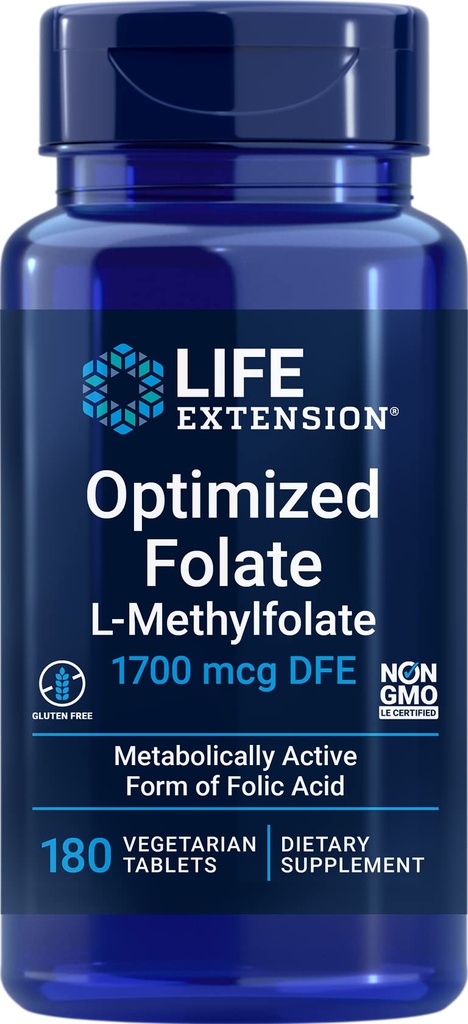 수명 연장 낙관한 Folate (L-Methylfolate) 1700 mcg DFE, 180 Veg 정제