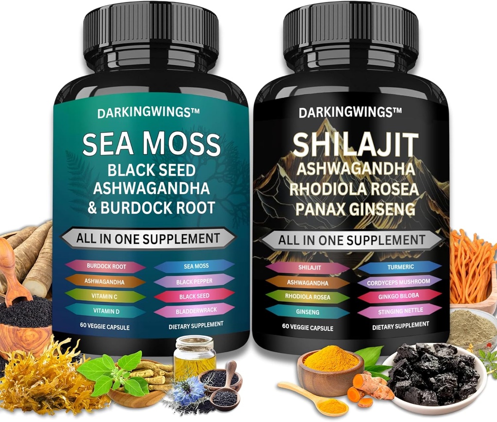 Shilajit와 바다 moss combo -Sea Moss 3000mg의 까만씨 기름 2000mg의 Ashwagandha 2000mg의 Shilajit 9000mg의 Rhodiola Rosea1000mg의 Panax Ginseng1500mg | 바다 mos와 shilajit 뭉치, 1개의 보충교재에서 모두