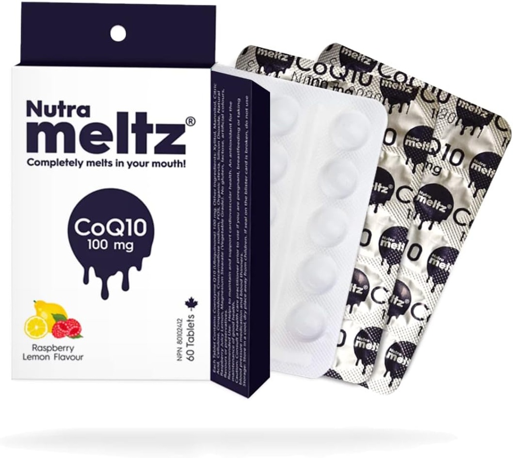 Nutra Meltz CoQ10 100 mg – Coenzyme Q10 지원 심장 건강, 강화 에너지 생산 Enzyme 결핍을위한 빠른 용해 정제 - 라즈베리 & 레몬 맛 (60 정제)