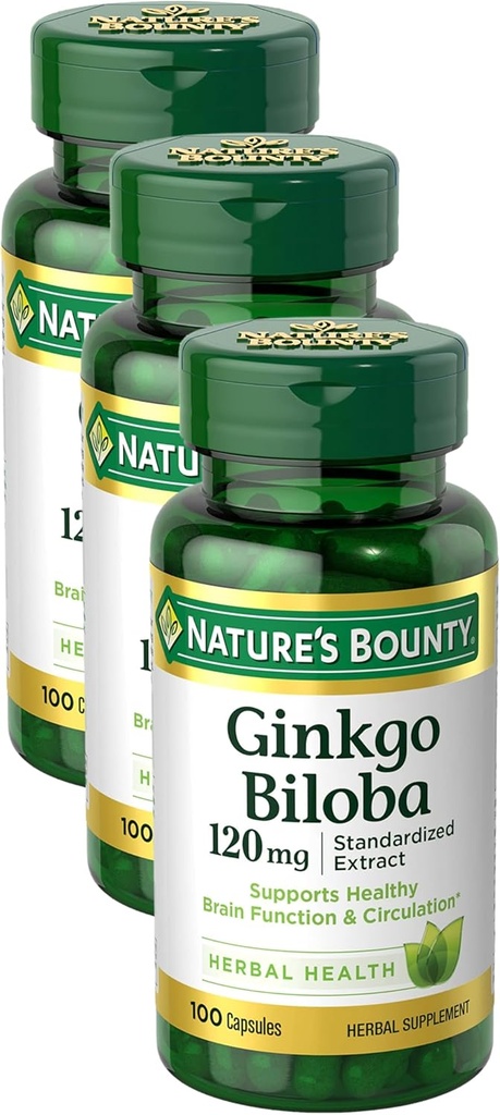 Nature's Bounty Ginkgo Biloba 캡슐 120mg의 기억 지원 보충교재, 지원 뇌 기능 및 정신 건강, 100개의 캡슐 (포장 3)