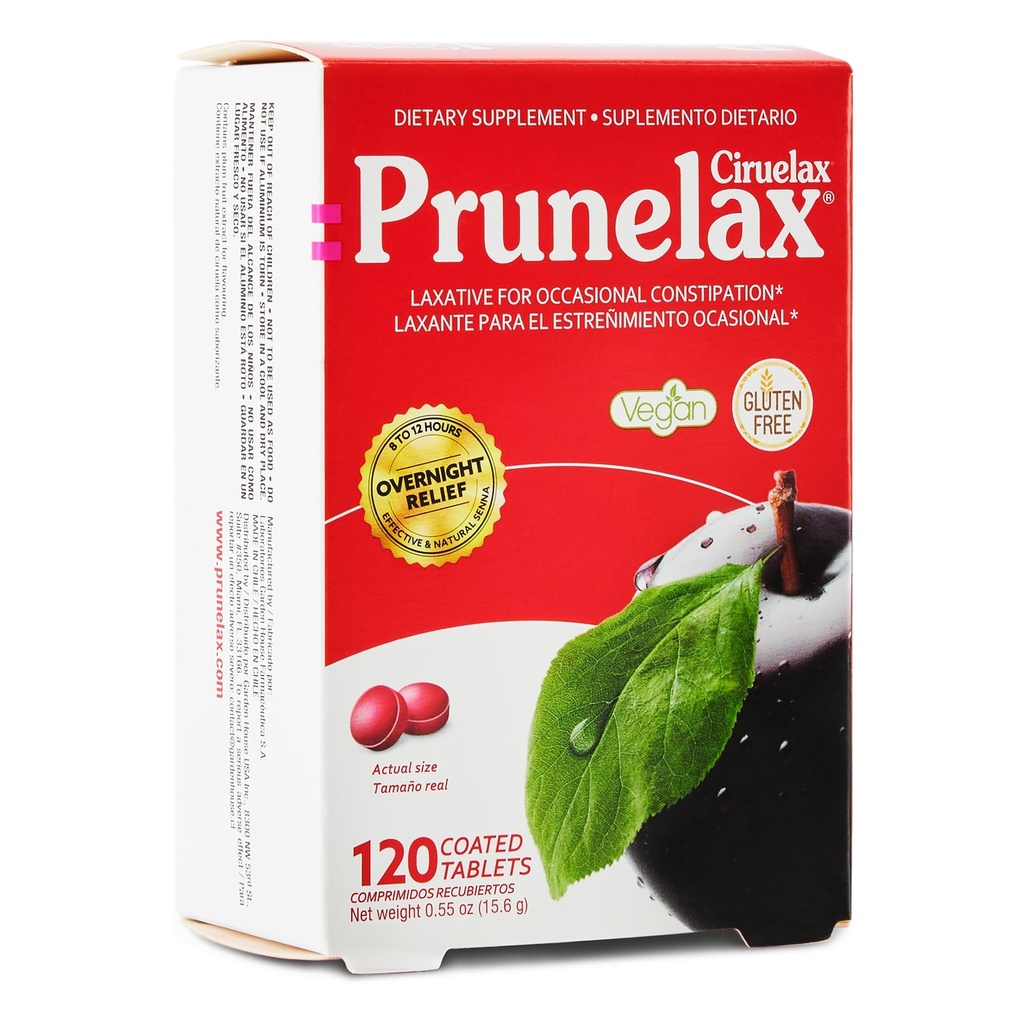 Prunelax Ciruelax 정규적인 힘 Laxative 소형 정제 - Occasional 변비, Senna 추출물, Vegan & 글루텐 자유로운, Gentle 기복을 위한 하룻밤 기복 - 120ct