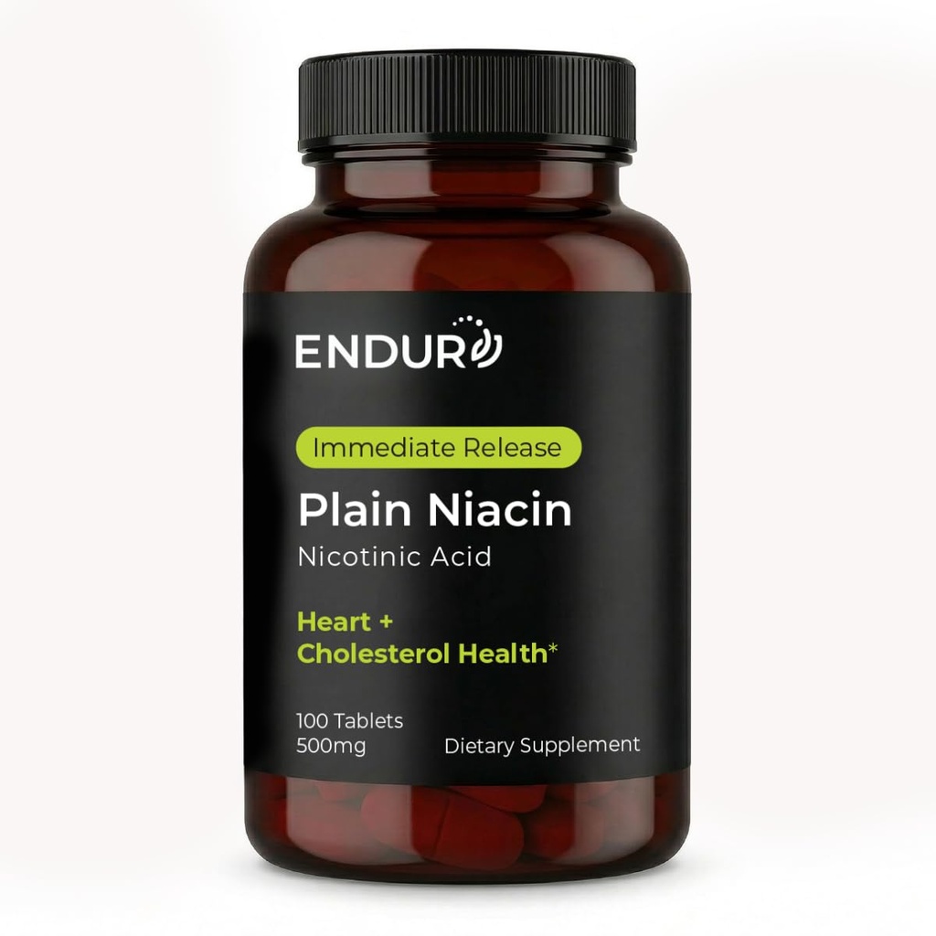 Endur Plain Niacin (Nicotinic Acid), 심장 건강 및 건강한 콜레스테롤 균형 보충, Immediate-Release 공식, 글루텐 무료, 500mg (100 정제)