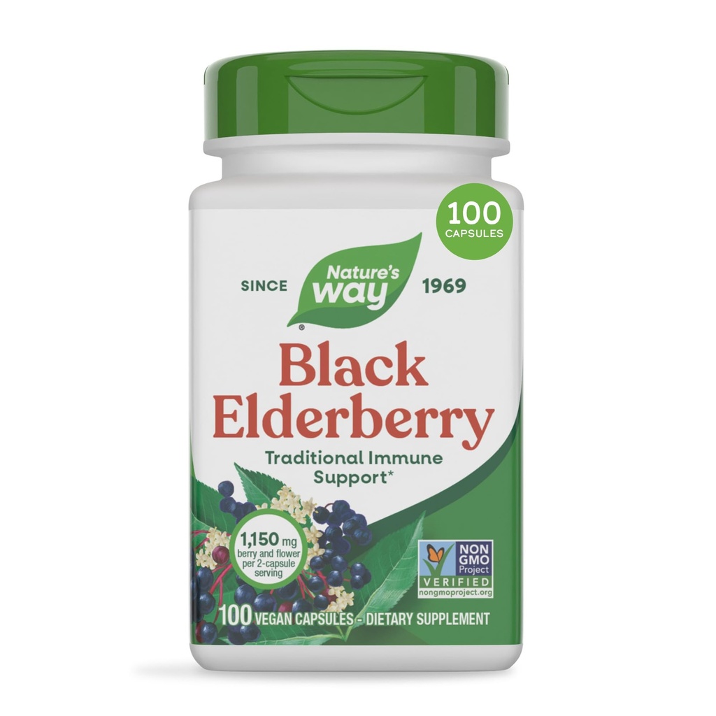 Nature's Way Black Elderberry 캡슐, Elderberry 및 Elderflower와 전통 면역 지원 * 보충, 100 캡슐 (포장 월병)