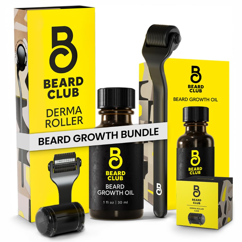 Beard Club Premium Derma Roller & Beard Growth Oil - 얼굴, 바디 및 스칼프 용 540 티타늄 Microneedles가있는 Microneedling Roller - 샌들우드 및 Cedar Beard Oil이있는 Beard Roller