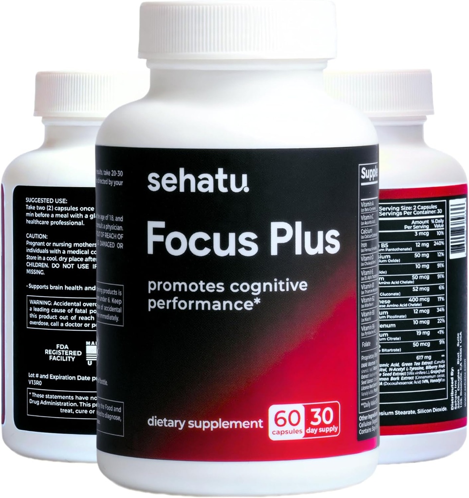 Focus Plus Cognitive Performance Enhancer | N-Acetyl L-Tyrosine, DMAE Bitartrate, GABA, Glutamic Acid | Boost Focus, 향상된 메모리, 지원 뇌 건강 | 60 카운트 | 30 일 공급