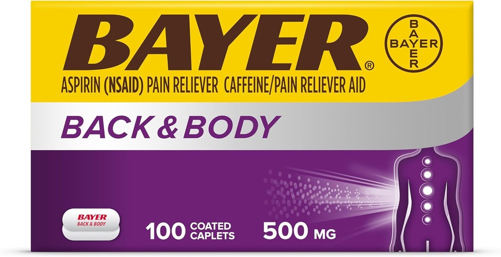 Bayer 뒤 & 몸 여분 힘 Aspirin, 500mg는 정제, 32.5mg 카페인, 100 조사를 가진 고통 Reliever의 위치에 빠른 기복을 입혔습니다