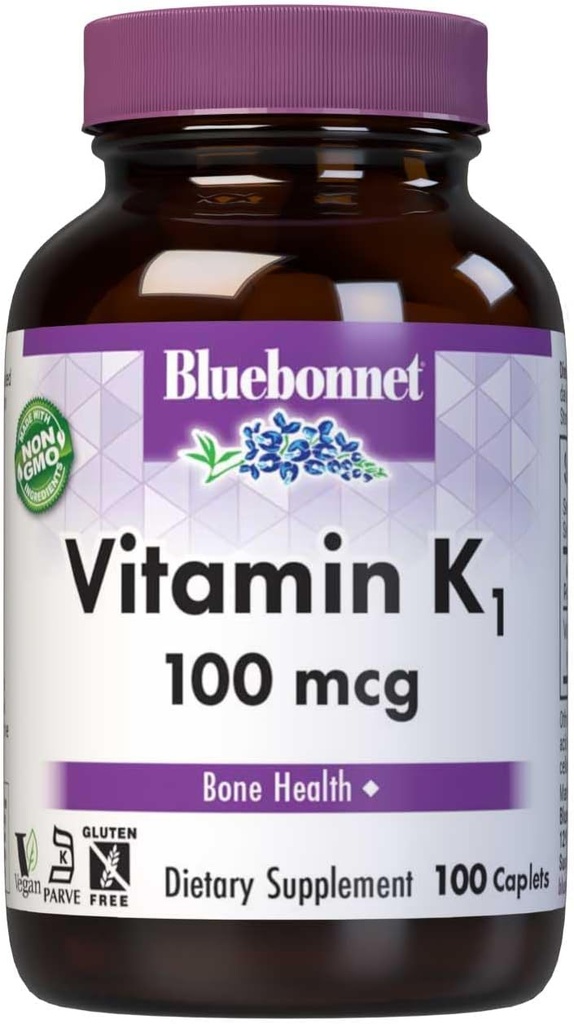 Bluebonnet 비타민 K1 100 mcg 지원 뼈 건강 - Phylloquinone 크리스탈 비타민 K 보충 - 비 GMO, Kosher 인증, 글루텐 - 무료, Dairy-Free - 100 Vegan Caplets