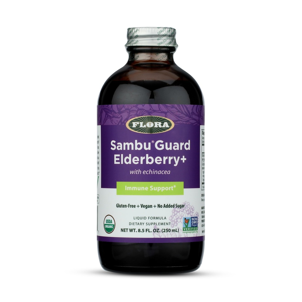 Flora Organic Black Elderberry Syrup + 8.5oz - 아이 & 성인을위한 Echinacea와 면역 부스터, 추가 설탕 없음, 글루텐 무료, Vegan, SambuGuard
