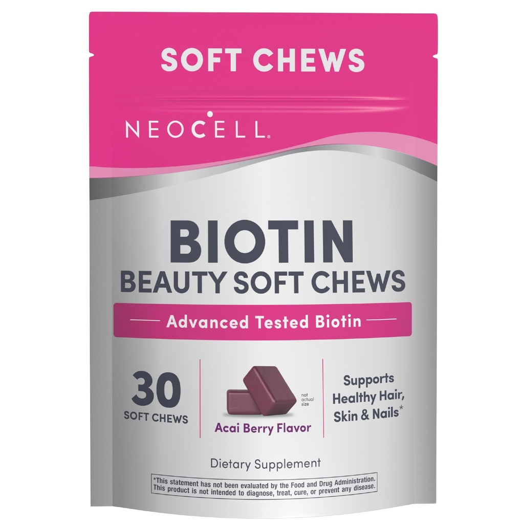 NeoCell Biotin Beauty Soft Chews, 건강한 피부를 위해, 머리, 못, 에너지 지원 보충교재, Acai 베리 풍미, 연약한 Chews, 30 조사, 1개의 부대