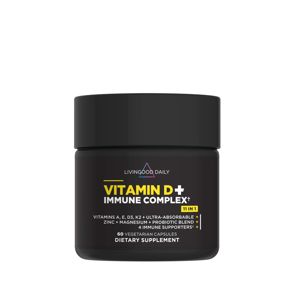 Livingood 매일 비타민 D + 면역 복합체, 비타민 D3 K2, 아연, 마그네슘, 비타민 E 및 Probiotics, 면역 지원 보충교재, 고급 흡수, 글루텐, 비 GMO, 60 캡슐로 만든