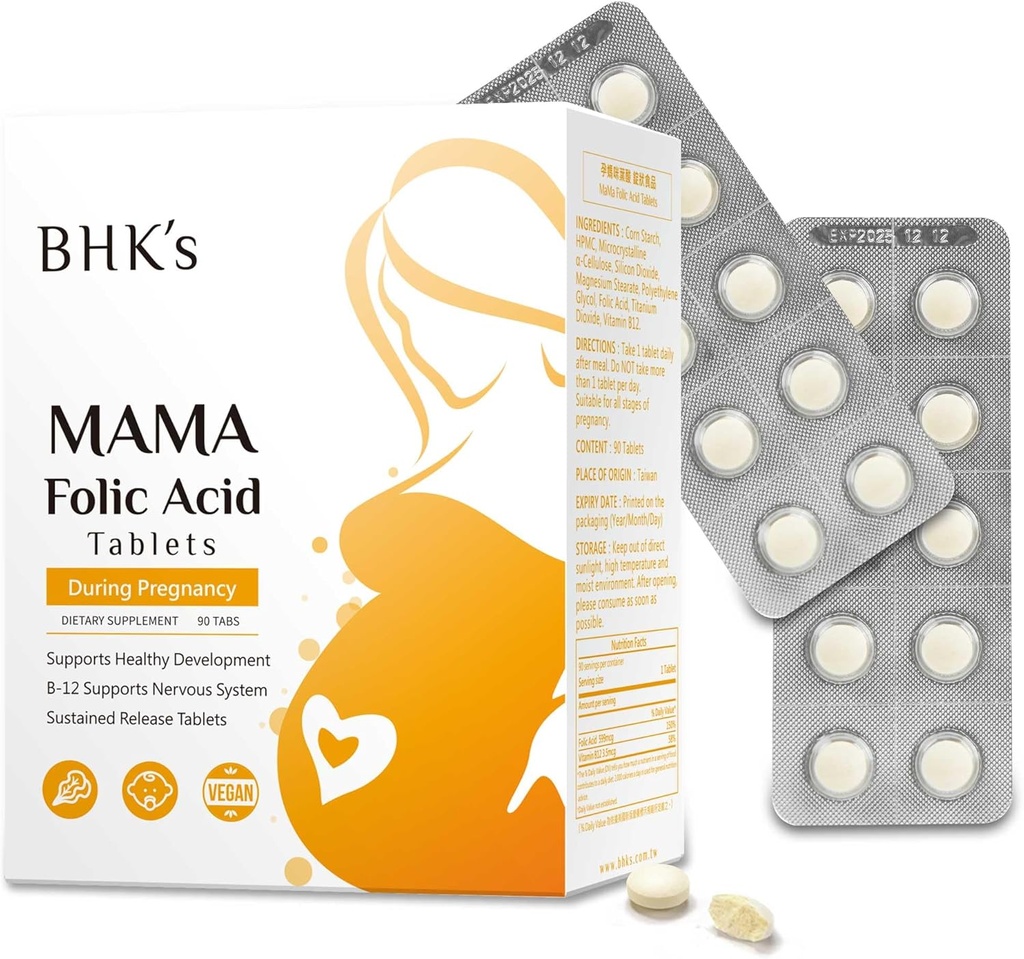 BHK의 Folic 산, 임신 후, 지원 아기 신경 시스템 개발, 엄마 & 아기를위한 필수 비타민, 90 정제