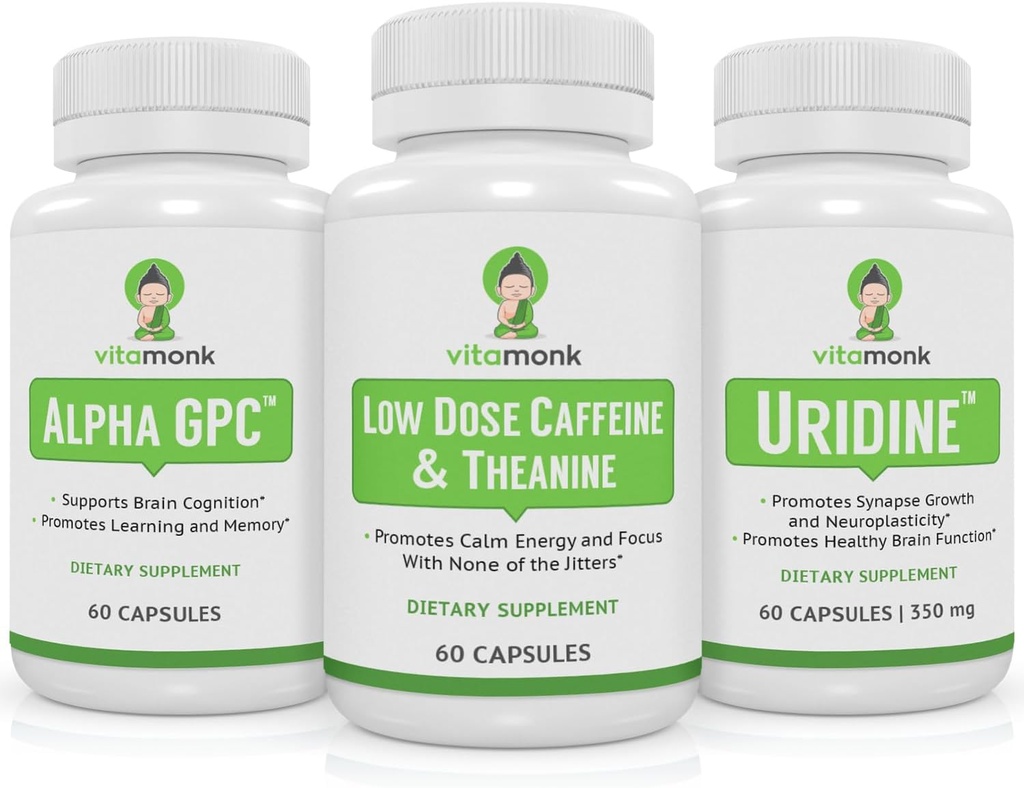 VitaMonk 두뇌 부스트 번들 - 알파 GPC, Uridine 및 낮은 복용량 카페인 + L-Theanine 듀오