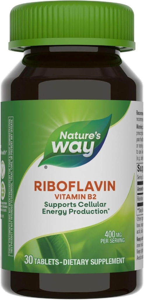 Nature's Way Riboflavin 비타민 B2, 셀룰러 에너지 생산 지원*, Vegan, 30 정제 (5 월병 포장)