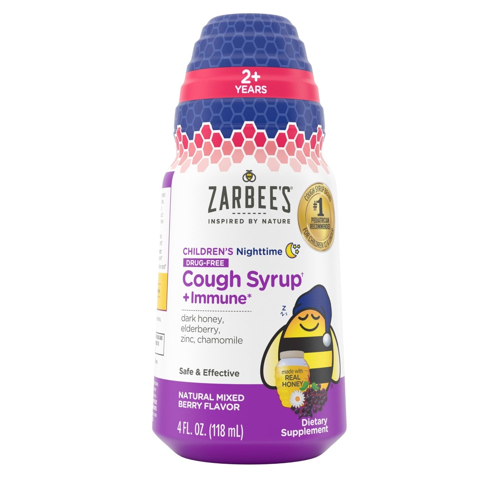 Zarbee's Children's Nighttime Honey Cough Syrup + Immune for Kids 2+, Soothing Dark Honey, Real Elderberry, 비타민 D & 아연, & Chamomile, 마약 - 무료, 혼합 Berry, 4 fl. oz