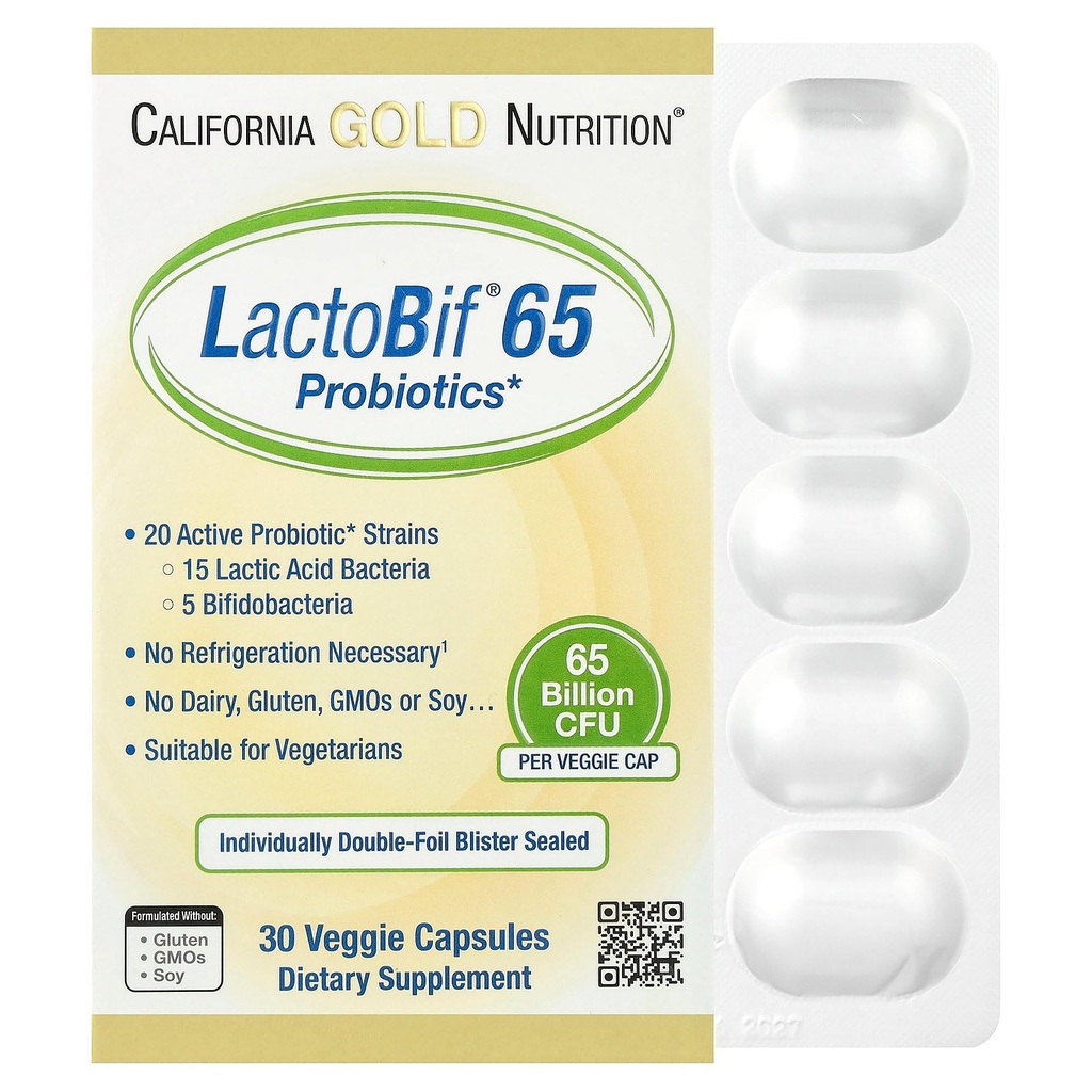 LactoBif Probiotics, 65 Bllion CFU, 20 Active & Clinically Researched Probiotic Strains, Soy-Free, Sugar-Free, 채식주의 자, 개별적으로 두 배 포일 물집 밀봉, 30 Veggie 캡슐