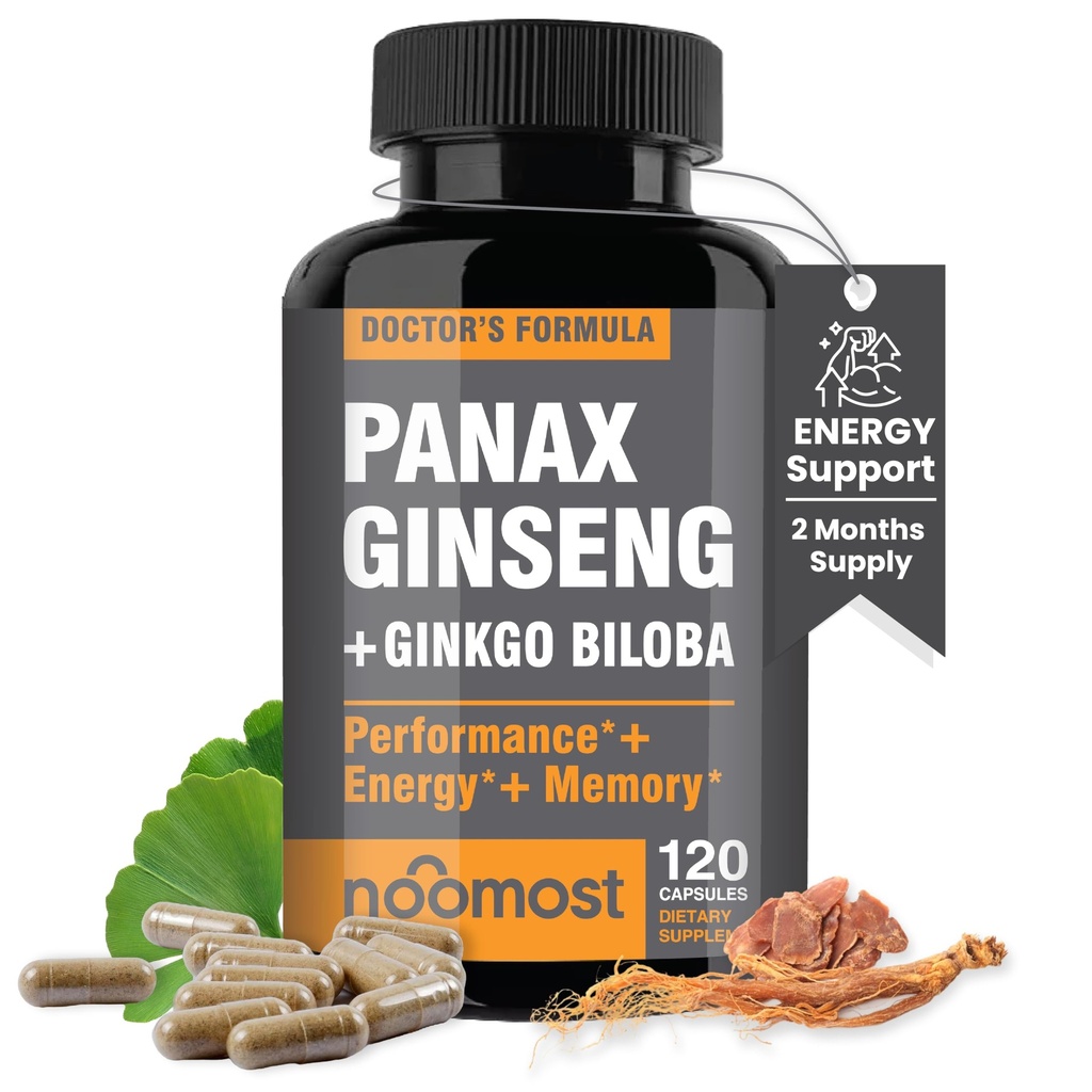 NooMost Authentic Korean Red Panax Ginseng + Ginkgo Biloba, 120 Vegan 캡슐, 인삼 뿌리 추출물 분말 1000mg (10% Ginsenosides) + Gingko Biloba 60mg, 남성과 여성을위한 에너지 및 초점 알약