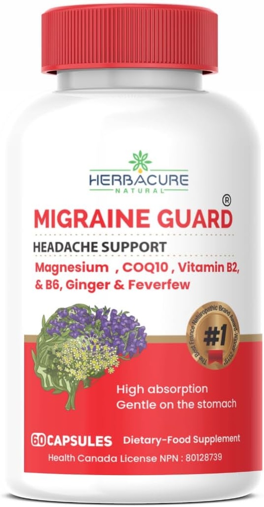 MIGRAINE Guard ® New Migraine Relief Headache Prevention, 임상적으로 입증 된 COQ10, VIT B2, VIT B6, Feverfew, Magnesium GLYCINATE, Ginger, 캐나다에서 만든 시험 중 예외적 인 응답