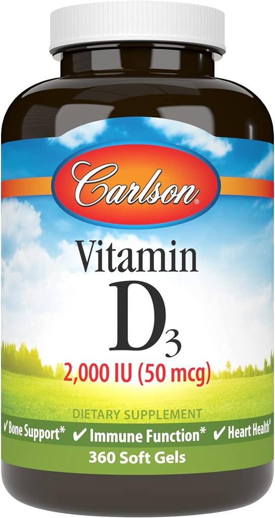 Carlson - 비타민 D3, 2000 IU (50 mcg), 뼈 건강, 근육 건강, Cholecalciferol, 비타민 D 보충교재, 비타민 D3 연약한 젤, 360 Softgels