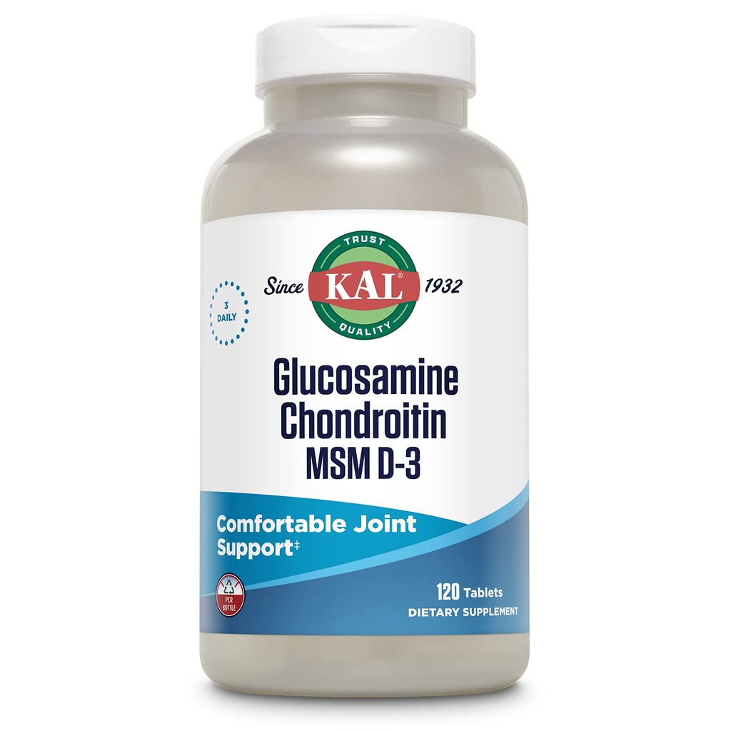 KAL 글루코사민 Chondroitin MSM D-3의 합동 지원 보충교재, 글루코사민 황산염의 1,500 mg, Chondroitin 황산염의 1,200 mg, MSM의 1,000 mg, 플러스 비타민 D3 & 비타민 C, 40의 서빙, 120의 정제