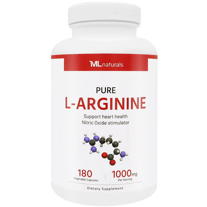 ML 자연적인 순수한 L 아르기닌 1000 mg 180 식물성 캡슐. Amino Acid, Nitric 산화물 자극제 및 지원 심장 건강, NSF 인증 및 cGMP 준수.
